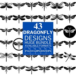May include: A collection of 43 dragonfly designs in various styles, presented in black and white. The designs include dragonflies with detailed wing patterns and different body shapes. A blue square in the center displays the text "43 Dragonfly Designs Huge Bundle".