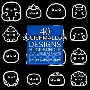 Könnte beinhalten: Eine Sammlung von 12 weißen Cartoon-Designs von Squishmallow auf schwarzem Hintergrund. Ein blaues Quadrat in der Mitte zeigt "40 Squishmallow Designs Huge Bundle Available Formats PNG SVG JPG DXF EPS".