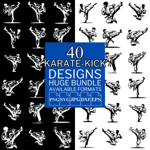 Könnte beinhalten: Eine Sammlung von 40 Karate-Kick-Designs in Schwarz und Weiß. Die Designs zeigen verschiedene Karate-Posen, mit einem blauen Rechteck in der Mitte mit der Aufschrift "40 KARATE-KICK DESIGNS HUGE BUNDLE AVAILABLE FORMATS PNG SVG JPG DXF EPS".