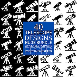 Könnte beinhalten: Eine schwarz-weiße Grafik mit 40 Teleskopdesigns. Die Designs sind in einem Raster angeordnet, wobei einige in Weiß auf schwarzem Hintergrund und andere in Schwarz auf weißem Hintergrund dargestellt sind. Ein blaues Quadrat in der Mitte zeigt "40 TELESCOPE DESIGNS HUGE BUNDLE AVAILABLE FORMATS".