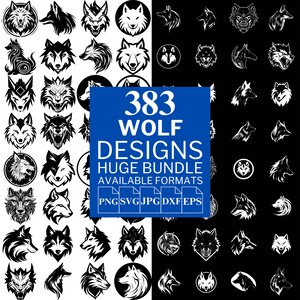 Wolf 383 SVG Bundle - Einzigartige Vektordateien für Cricut und Silhouette, Wolf Clipart, Wolfskopf, Tattoo-Designs, 5 verfügbare Formate