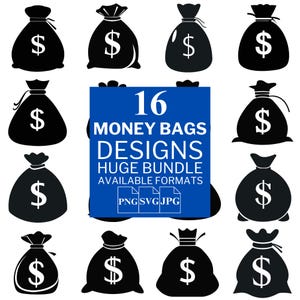 16 Money Bags SVG Bundle - File vettoriali unici per Cricut e Silhouette, Clipart di Money Bags, Design di Money Bags, 3 formati disponibili