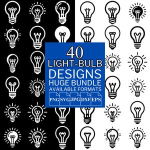 Paquete de 40 bombillas SVG: archivos vectoriales únicos para Cricut y Silhouette, imágenes prediseñadas de bombillas, diseños de bombillas, 5 formatos disponibles