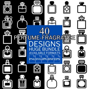 May include: A black and white graphic featuring 40 perfume bottle designs. The image includes the text "PERFUME-FRAGRANCE DESIGNS" and "HUGE BUNDLE AVAILABLE FORMATS" with file type icons. The bottles vary in shape and style.