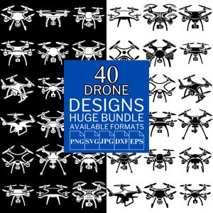 Può includere: Una collezione di 40 design di droni in bianco e nero, disposti a griglia. I design variano in stile e dettaglio. Un quadrato blu centrale mostra il testo "40 DRONE DESIGNS HUGE BUNDLE AVAILABLE FORMATS" e icone dei formati di file.