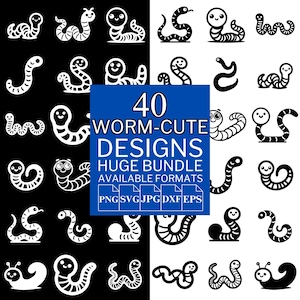 May include: A digital design bundle showcasing 40 worm-cute designs in black and white. The designs feature various worm illustrations with smiling faces and different poses. The image also includes the text "40 WORM-CUTE DESIGNS HUGE BUNDLE AVAILABLE FORMATS".