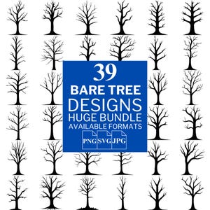 Könnte beinhalten: Ein Set mit 39 schwarzen Silhouette-Designs von kahlen Bäumen. Die Bäume sind in verschiedenen Formen und Größen. Der Text "39 Bare Tree Designs Huge Bundle Available Formats PNG SVG JPG" wird in einem blauen Kasten angezeigt.