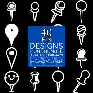 Könnte beinhalten: Eine Sammlung von 12 weißen Pin-Designs auf schwarzem Hintergrund. Die Pins haben verschiedene Formen, darunter runde, tropfenförmige und dekorative Oberteile. Ein blaues Quadrat in der Mitte zeigt "40 Pin Designs Huge Bundle Available Formats".