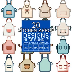 May include: A collection of 20 kitchen apron designs in various colors, including blue, pink, and beige. Each apron features a pocket and straps. The image includes the text "20 KITCHEN-APRON DESIGNS HUGE BUNDLE AVAILABLE FORMATS".