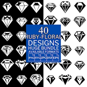 Peut inclure: Un ensemble de designs numériques avec 40 motifs rubis-floraux. L'image présente des illustrations en forme de diamant en noir et blanc sur un fond à carreaux. Les designs sont disponibles en formats PNG, SVG, JPG, DXF et EPS. Le texte indique '40 Ruby-Floral Designs'.