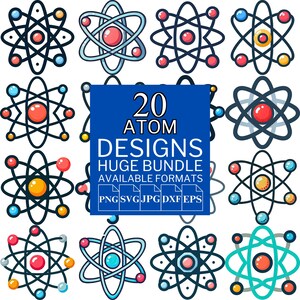 May include: A collection of 20 atom designs in various colors, including red, blue, yellow, and orange. The designs are in a cartoon style, with a central nucleus and orbiting electrons. The image also includes the text "20 ATOM DESIGNS HUGE BUNDLE AVAILABLE FORMATS".