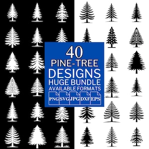 Può includere: Una collezione di 40 disegni di pini in bianco e nero. L'immagine include varie illustrazioni di alberi e il testo "40 PINE-TREE DESIGNS HUGE BUNDLE AVAILABLE FORMATS" con icone di tipo di file.