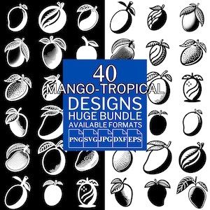 May include: A collection of 40 mango and tropical fruit designs in black and white. The designs include various mango illustrations with leaves. Text on a blue background reads "40 MANGO-TROPICAL DESIGNS HUGE BUNDLE AVAILABLE FORMATS".