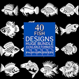 Pacote com 40 peixes SVG - Arquivos vetoriais exclusivos para Cricut e Silhouette, clipart de peixes, designs de peixes, 5 formatos disponíveis