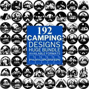 Pacote 192 Camping SVG - Arquivos vetoriais exclusivos para Cricut e Silhouette, clipart de acampamento, designs de acampamento, 5 formatos disponíveis