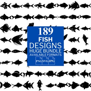 Pacote 189 Fish SVG - Arquivos vetoriais exclusivos para Cricut e Silhouette, clipart de peixes, designs de peixes, 3 formatos disponíveis