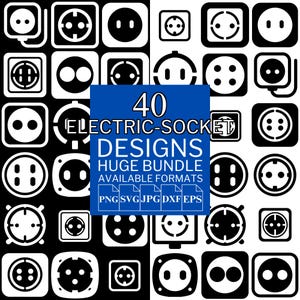 Könnte beinhalten: Eine schwarz-weiße Grafik mit 40 verschiedenen Designs von Steckdosen. Ein blaues Rechteck in der Mitte zeigt den Text: "40 ELECTRIC-SOCKET DESIGNS HUGE BUNDLE AVAILABLE FORMATS".