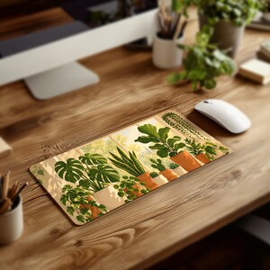 May include: A rectangular desk mat featuring a printed illustration of various potted houseplants, including a monstera, snake plant, and fiddle leaf fig, arranged in front of a window with soft, warm, golden-toned natural light.