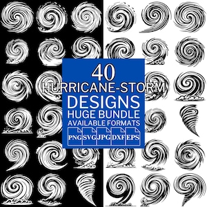 Puede incluir: Una colección de 40 diseños de huracanes y tormentas en blanco y negro. Los diseños incluyen patrones arremolinados, olas y un tornado. La imagen también incluye el texto "40 Hurricane-Storm Designs Huge Bundle Available Formats PNG SVG JPG DXF EPS."