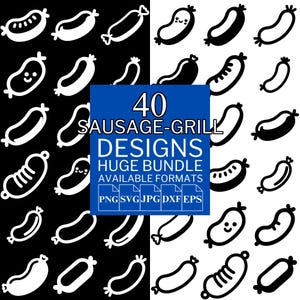 May include: A black and white graphic featuring 40 sausage grill designs. The designs include various sausage illustrations with different styles and expressions. The image also includes the text "40 SAUSAGE-GRILL DESIGNS HUGE BUNDLE AVAILABLE FORMATS".