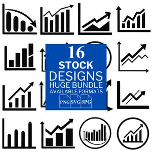 Puede incluir: Un conjunto de 16 iconos de diseño de gráficos de acciones en blanco y negro. Los iconos representan varios tipos de gráficos, incluidos gráficos de líneas, gráficos de barras y gráficos circulares. El texto "16 Stock Designs Huge Bundle Available Formats PNG SVG JPG" se muestra en un cuadro azul.