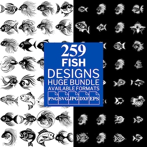 Pacote SVG de 259 peixes - arquivos vetoriais exclusivos para cricut e silhueta, clipart de peixe, cabeça de peixe, designs de tatuagem, 5 formatos disponíveis