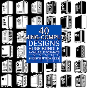 Op de afbeelding: Een zwart-wit afbeelding met 40 gaming computer ontwerpen, met diverse behuizingsstijlen en ventilatorconfiguraties. De afbeelding bevat de tekst "40 GAMING-COMPUTER DESIGNS HUGE BUNDLE AVAILABLE FORMATS".