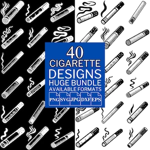 Puede incluir: Diseño gráfico en blanco y negro con 40 diseños de cigarrillos. La imagen incluye varias ilustraciones de cigarrillos, algunas con humo, y el texto «40 CIGARETTE DESIGNS HUGE BUNDLE AVAILABLE FORMATS PNG SVG JPG DXF EPS».