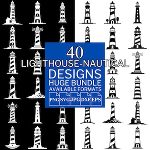 Könnte beinhalten: Eine Sammlung von 40 Leuchtturm-Designs in Schwarz und Weiß. Die Designs variieren, einige mit Streifen, andere einfarbig. Der Text lautet "LIGHTHOUSE-NAUTICAL DESIGNS HUGE BUNDLE AVAILABLE FORMATS".