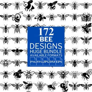 May include: A collection of 172 black and white bee designs in a variety of poses. The designs are arranged in rows and columns on a white background. The text "172 BEE DESIGNS HUGE BUNDLE AVAILABLE FORMATS PNG SVG JPG DXF EPS" is displayed in a blue box in the center of the image.