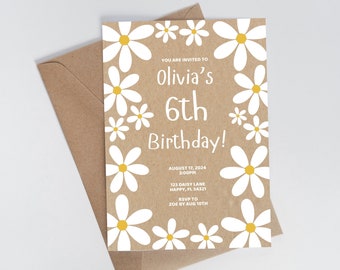 May include: A birthday invitation with a daisy theme. The invitation is on a kraft paper background and features white daisies with yellow centers. The text reads "Olivia's 6th Birthday!" with event details.