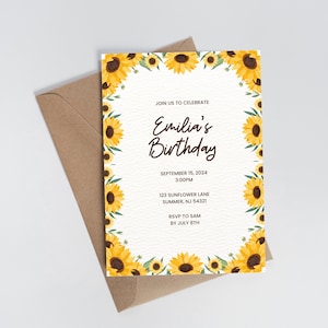 sunflower birthday invitation, digital invitation, editable canva template, girl birthday, floral birthday, instant download