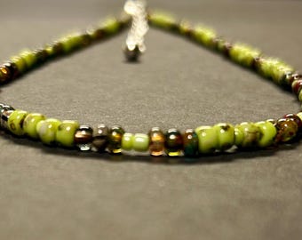 Lime Green Picasso Seed Bead Necklace - Bohemian Choker, 15 Inch