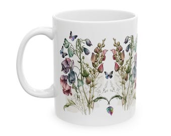 Butterfly Watercolor Floral Ceramic Mug, Colorful Tea Cup for Nature Lovers, Gift for Coffee Drinkers, Botanical Kitchen Decor, Spring
