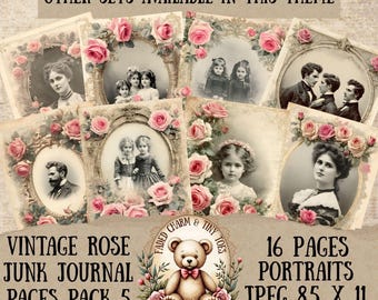 Vintage Portrait Junk Journal Seiten mit Rosen | Shabby Chic Printable Kit | Florales Digitales Papier | Antike Ephemera