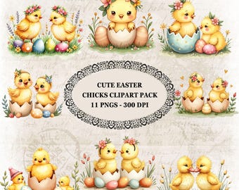 Cute Easter Chick Clipart, Pastel Watercolor Easter Eggs, Garden Florals, DIY Easter Crafts, Easter Invitations, Easter Cards, Spring Art