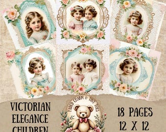 Vintage Style Digital Papers, Victorian Children, Lace Borders & Floral Elements, 12x12 Inches, Junk Journals, Scrapbooking, Paper Crafts