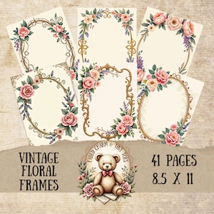 Peut inclure: Ensemble de 41 cadres floraux vintage imprimables avec une illustration d'ours en peluche. Chaque cadre mesure 21,6 cm sur 27,9 cm et présente un motif floral délicat avec des roses roses et de la lavande.