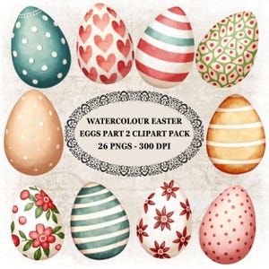 Aquarell Osterei Clipart, dekorierte Eier, Blumeneier, Herz, Stern, Streifen und Punkt Muster, DIY Ostern Kunsthandwerk, Karten & Einladungen