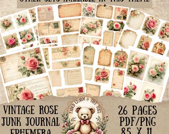 Vintage Rosen-Ephemera-Packung | Junk Journal Tags, Etiketten & Postkarten | Shabby Chic Printable Kit | Blumen digitaler Download