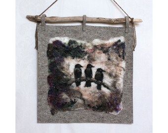 Felted Painting Three Crows on a Branch Wall Hanging