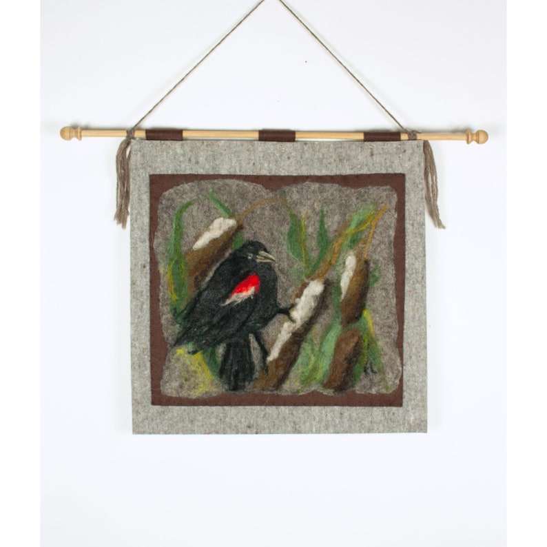 Felted Wall Hanging Red Wing Blackbird image 1