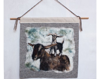 Felted Wool Painting Two Goats Wall Hanging