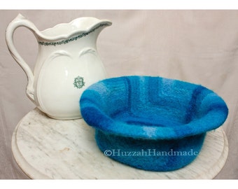 Hand Knit Felted Wool Bowl Large in Shades of Blue