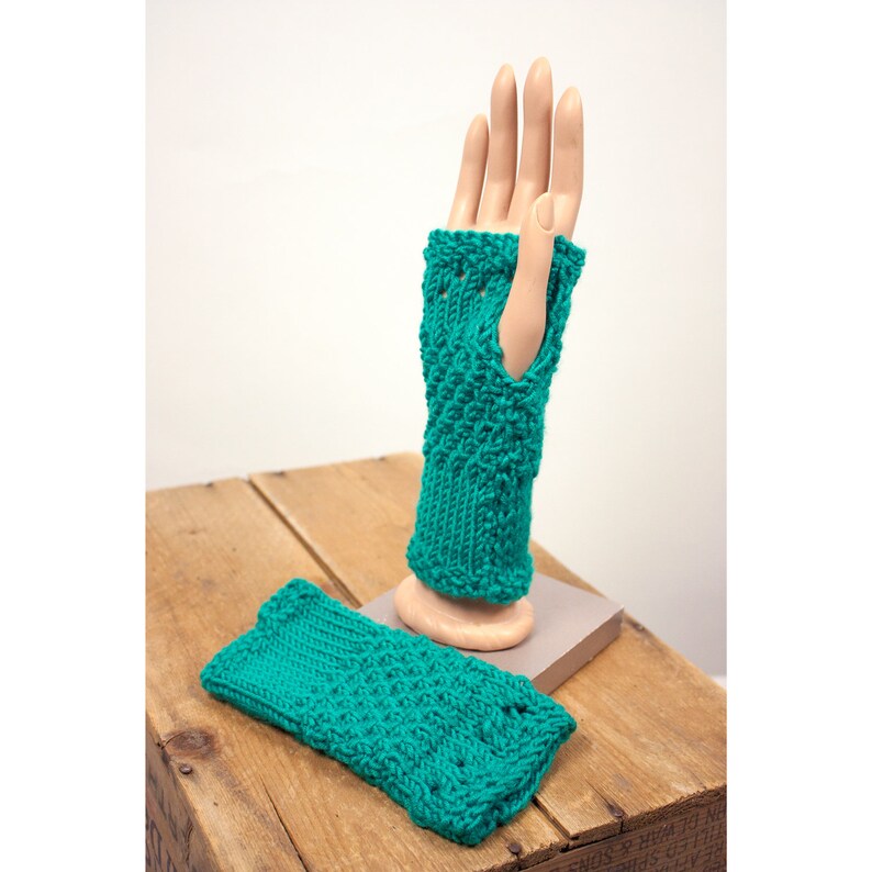 Fingerless Gloves Teal Merino Wool Blend image 3