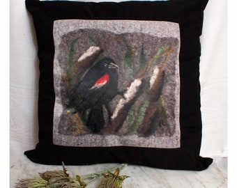 Pillow Cover Red Wing Blackbird and Cattails