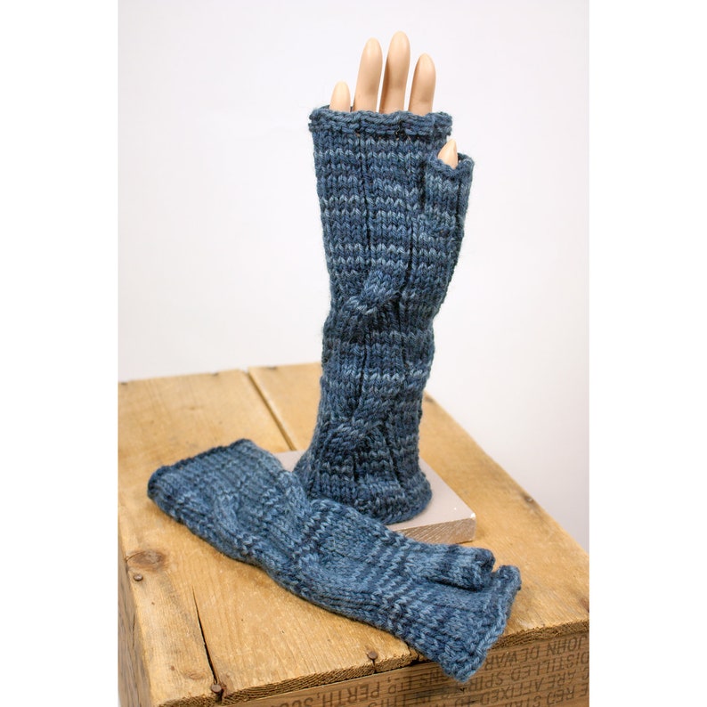 Deep Blue Cabled Fingerless Gloves image 3