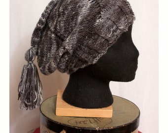 Hand Knit Slouch Hat Multicolor Grays with Tassle