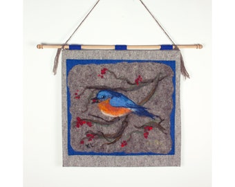 Wet Felted Painting Bluebird with Berries Wall Hanging