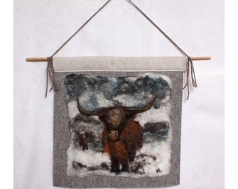 Felted Painting Of A Highland Cow in the Snow